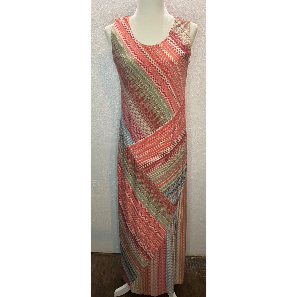 Chico's Geometric Print Maxi Dress Women's 0/Sm/4-6 Coral Sleeveless Lined Boho
